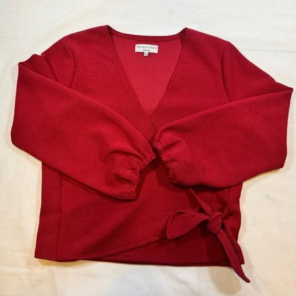 Madewell Texture & Thread Red V-Neck Wrap Blouse - Picture 2 of 11